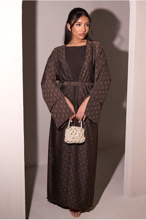 Ensemble 2 pièces abaya + kimono marron à symbole carré + voile