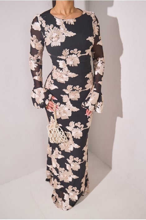 Robe longue à manches longues brodée en tulle noire