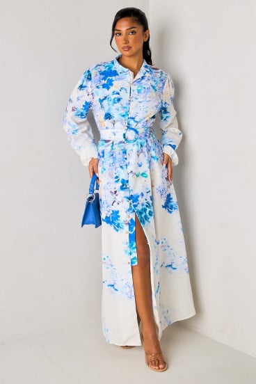 Robe chemise cintrée beige à fleurs bleues