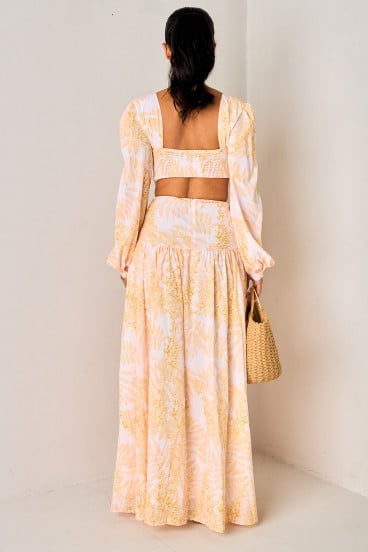 Robe jaune à dos nu et volants imprimée nature