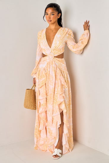 Robe jaune à dos nu et volants imprimée nature