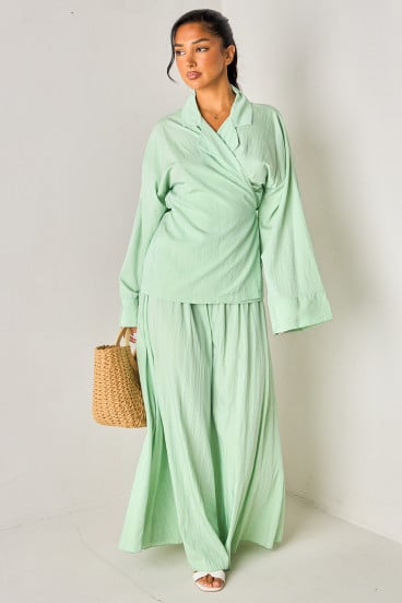 Ensemble 2 pièces vert d'eau kimono court + jupe longue plissée