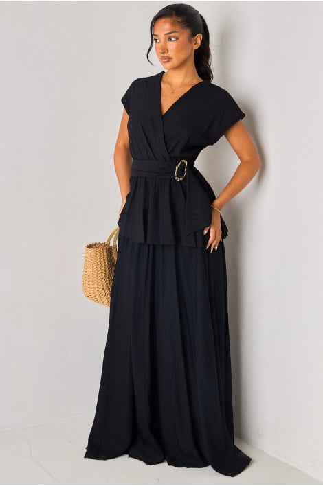 Ensemble 2 pièces noir texturé top + jupe longue
