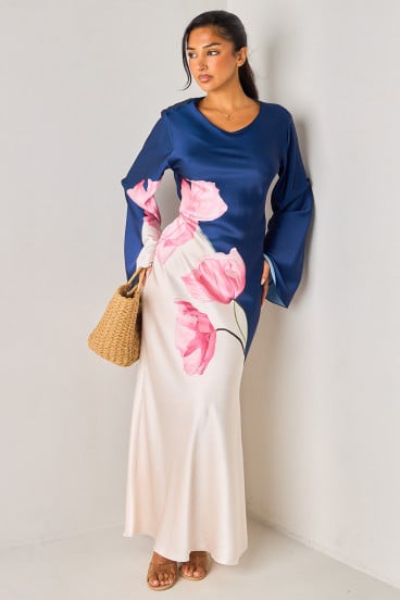 Robe bleu foncé satinée ajustable à imprimé fleurs