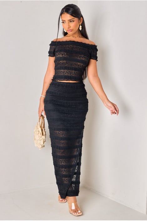 Ensembles 2 pièces en dentelle ajourée noir top + jupe
