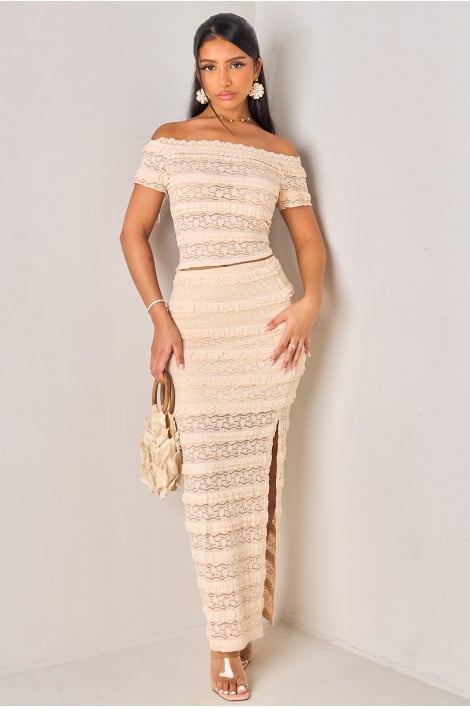 Ensembles 2 pièces en dentelle ajourée beige top + jupe