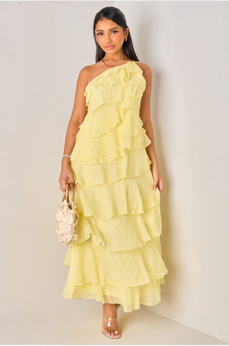 Robe longue jaune à dos nu et volants