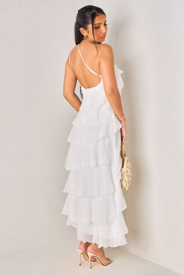 Robe longue blanc à dos nu et volants