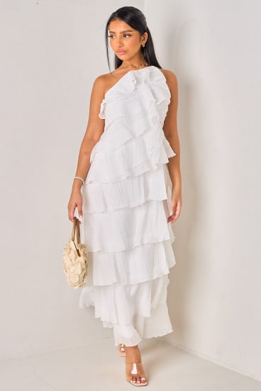 Robe longue blanc à dos nu et volants
