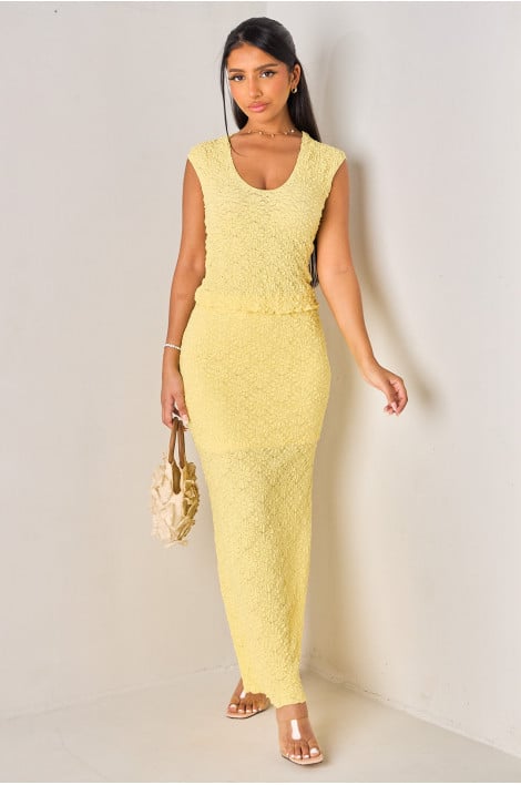 Ensembles 2 pièces gaufré jaune top + jupe longue