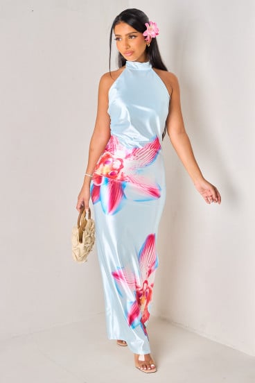 Robe drapée et satinée bleu à imprimé fleurs