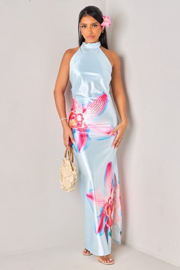 Robe drapée et satinée bleu à imprimé fleurs