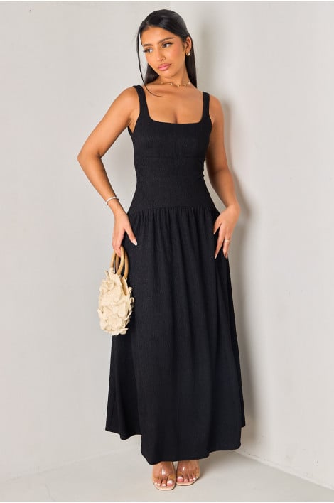 Robe longue noire dos nu en crêpe