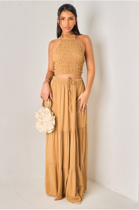 Ensembles 2 pièces camel crop top dos nu + jupe longue