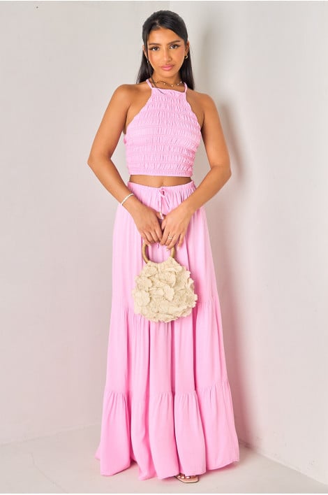 Ensembles 2 pièces rose crop top dos nu + jupe longue