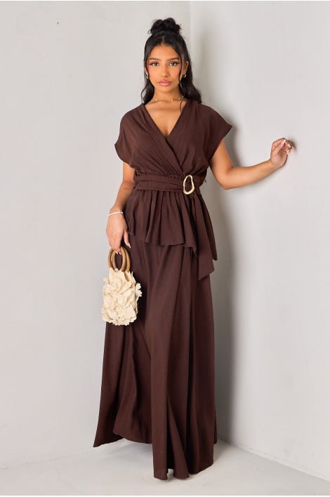 Ensemble 2 pièces marron texturé top + jupe longue