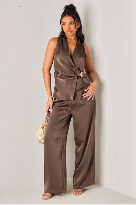 Ensemble 2 pièces satiné marron top + pantalon à pinces
