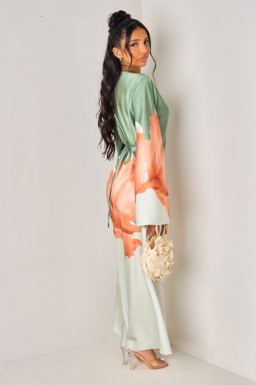 Robe vert/orange satinée ajustable à imprimé fleurs
