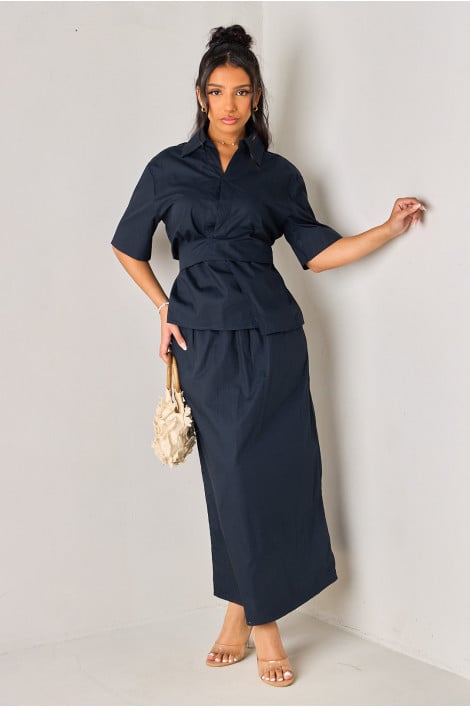 Ensembles 2 pièces bleu marine blouse à nouer + jupe