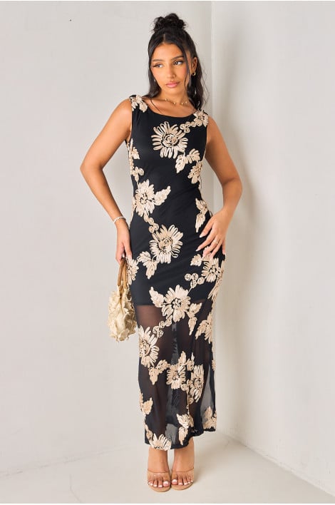 Robe longue à bretelles brodée en tulle noire et beige