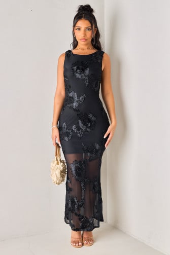 Robe longue à bretelles brodée en tulle noire