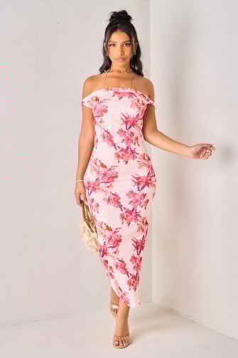 Robe rose longue imprimé fleurs à bretelles torsadées