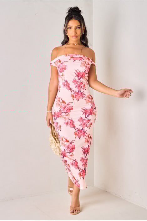 Robe rose longue imprimé fleurs à bretelles torsadées