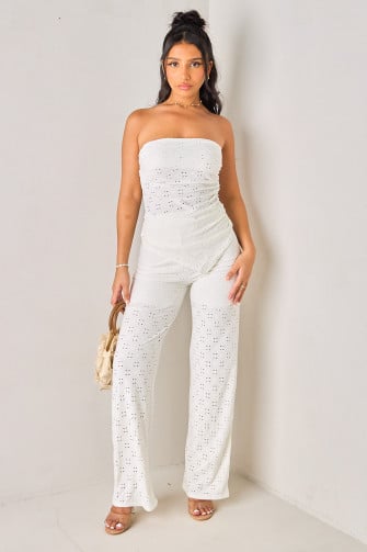 Ensembles 2 pièces blanc ajouré top bustier asymétrique + pantalon