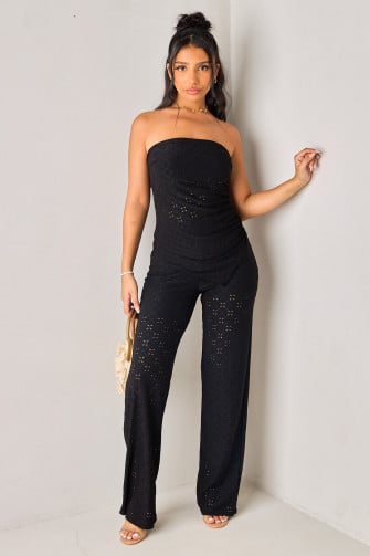 Ensembles 2 pièces noir ajouré top bustier asymétrique + pantalon