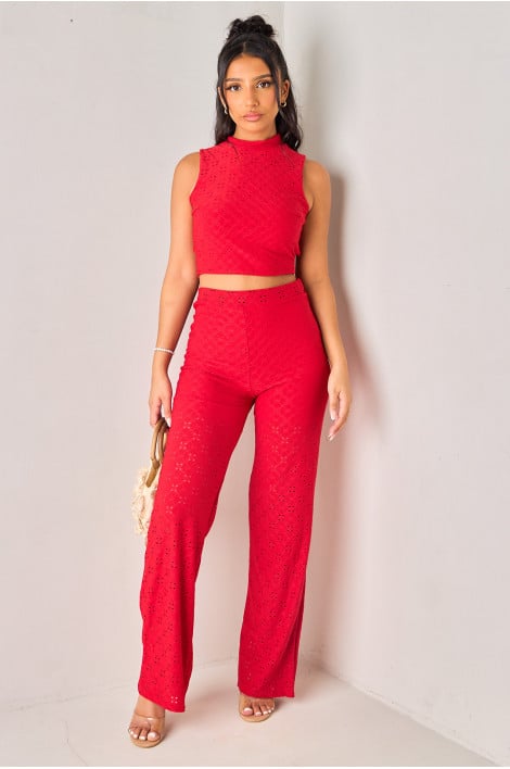 Ensembles 2 pièces rouge ajouré top dos nu + pantalon