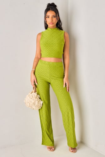 Ensembles 2 pièces vert olive ajouré top dos nu + pantalon