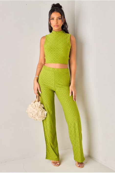 Ensembles 2 pièces vert olive ajouré top dos nu + pantalon