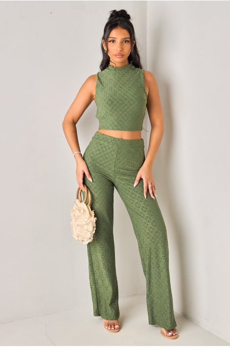 Ensembles 2 pièces kaki ajouré top dos nu + pantalon
