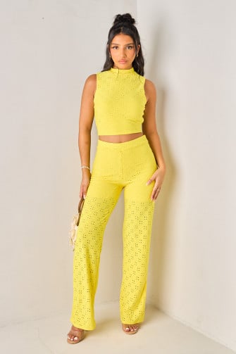 Ensembles 2 pièces jaune ajouré top dos nu + pantalon