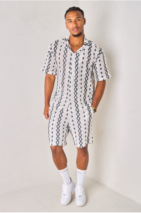 Ensemble 2 pièces écru ajouré à losanges chemise + short