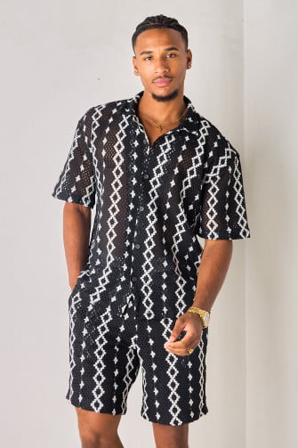 Ensemble 2 pièces noir ajouré à losanges chemise + short