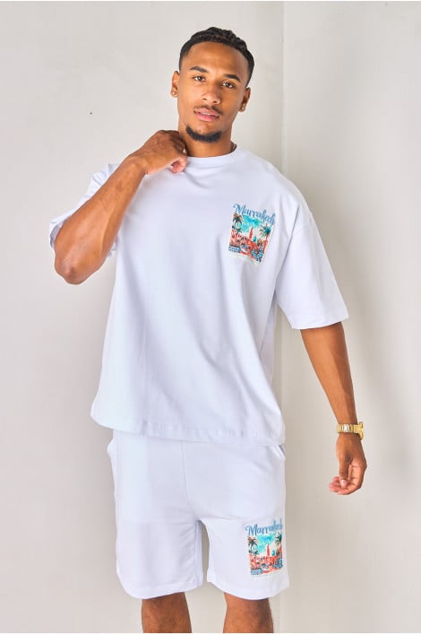 Ensemble 2 pièces blanc et bleu tee-shirt + short "Marrakech"