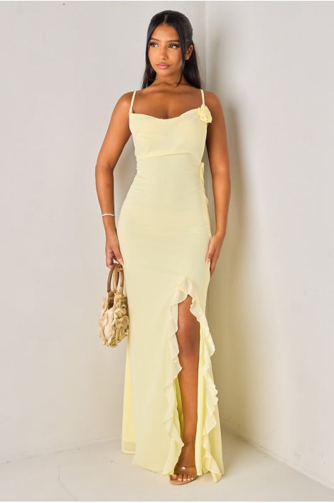 Robe longue en tulle jaune