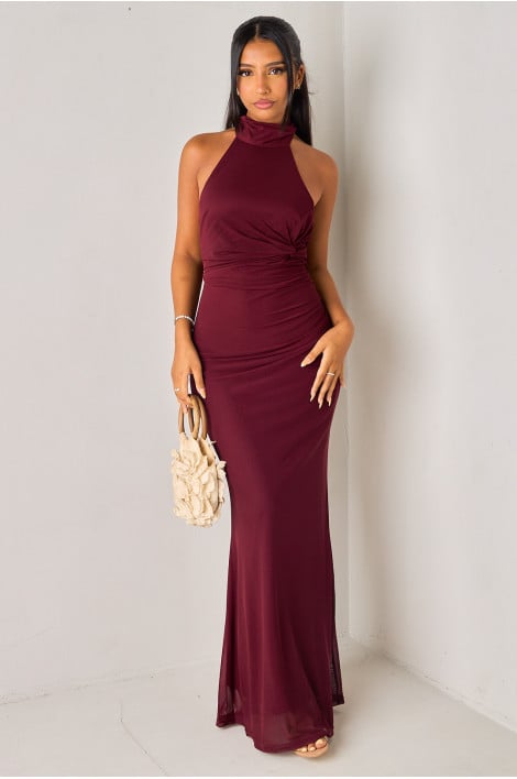 Robe dos nu bordeaux en tulle drapée