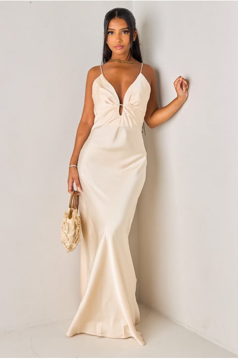 Robe longue satinée beige