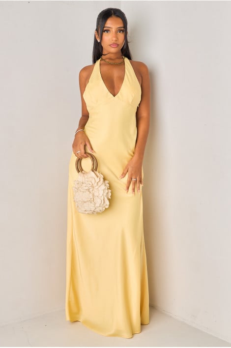 Robe longue jaune satinée à col halter