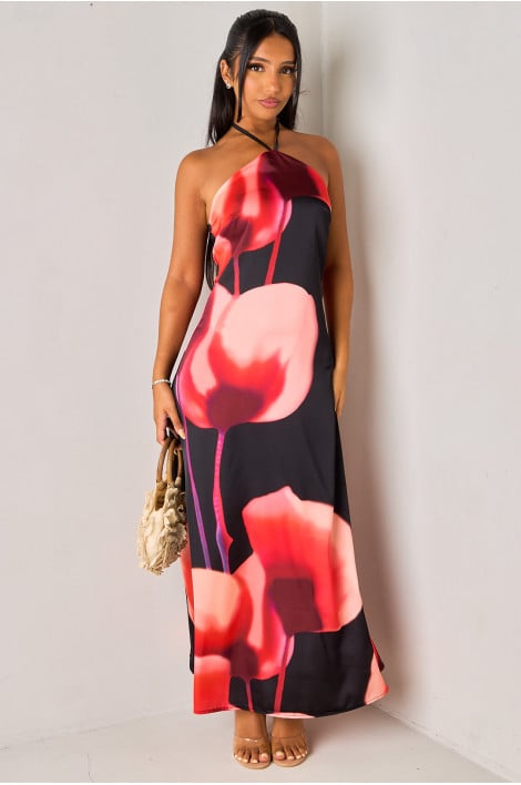 Robe noire satinée à imprimé fleurs